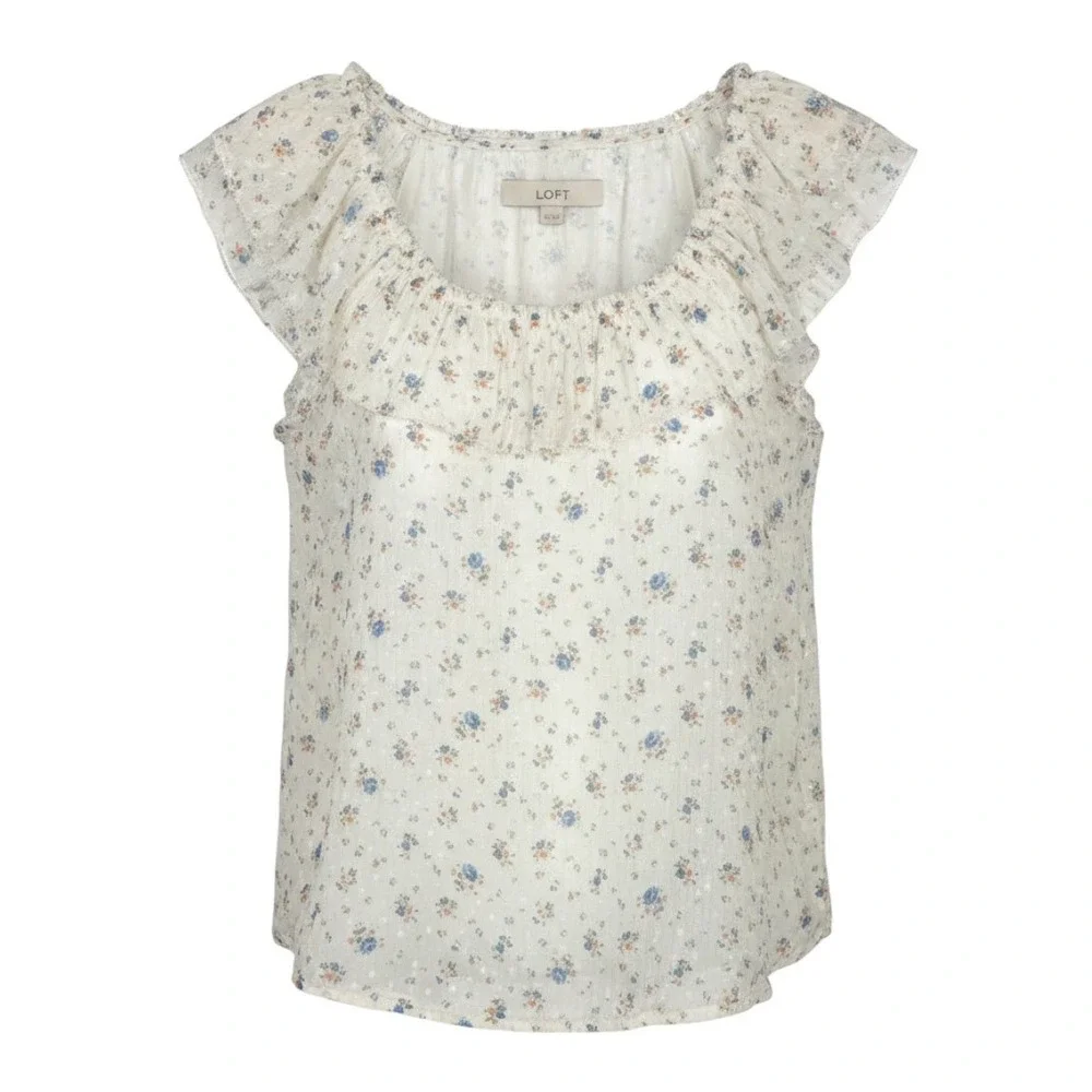 LOFT Floral Ruffle Blouse Womens Small White NWOT Clip Dot Sleeveless Top - Picture 1 of 9